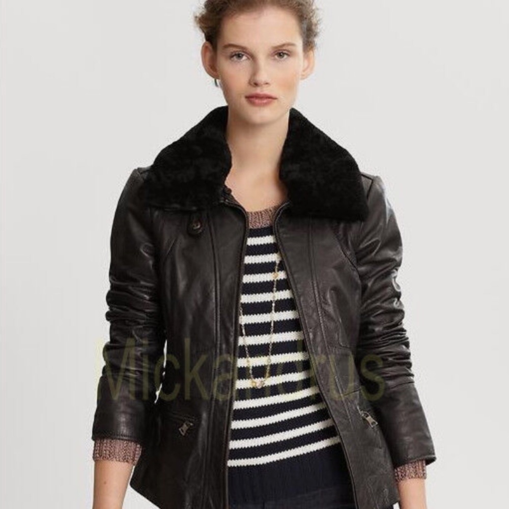 Banana Republic Shearling Lamb Collar Leather Jacket Black Size M - NWOT